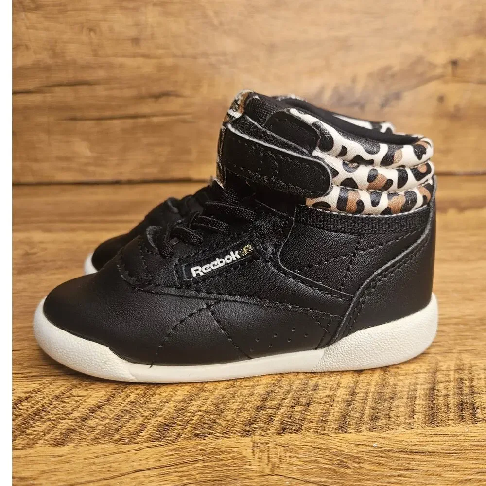 Reebok Black Leopard print high top hook loop sneaker size 5
